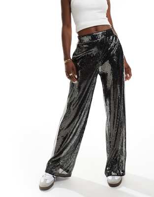 Asos Design Sequin Pants With Contrast Side Panels In Gray