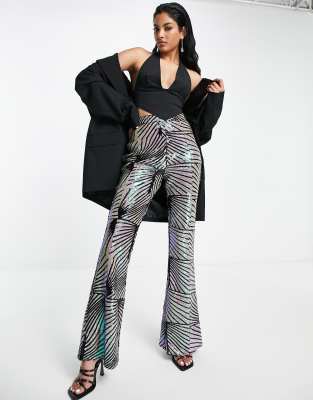 Asos Design Chainmail Sequin Slim Flare Pants In Silver-multi