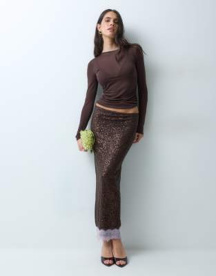 Asos Design Sequin Pencil Skirt With Lace Trim In Animal Print