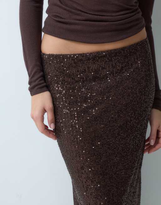 ASOS DESIGN sequin pencil skirt with lace trim in brown, 2 of 5