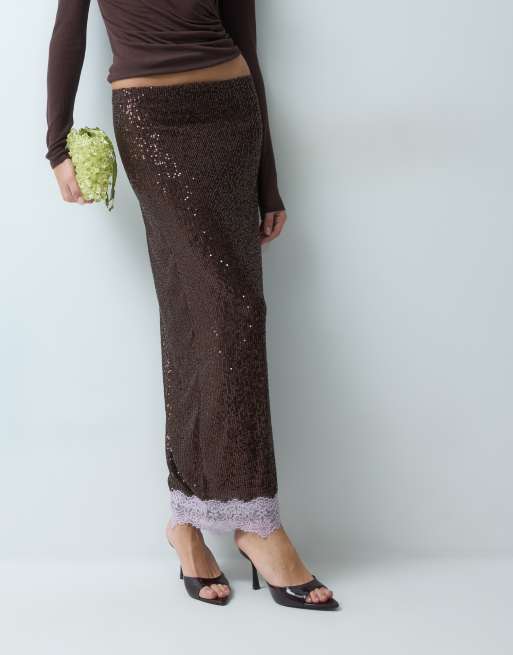 ASOS DESIGN sequin pencil skirt with lace trim in brown, 3 of 5