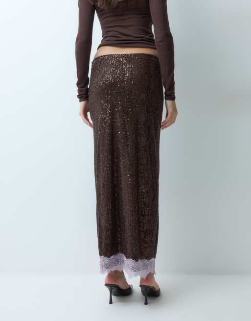 ASOS DESIGN sequin pencil skirt with lace trim in brown, 5 of 5