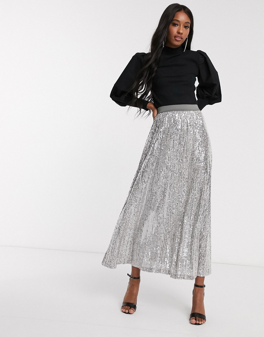 ASOS DESIGN sequin pleated maxi skirt in grey-Silver