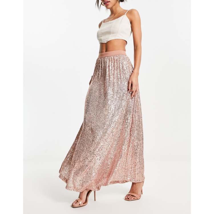 Most Radiant Rose Gold Sequin Fringe Midi Skirt