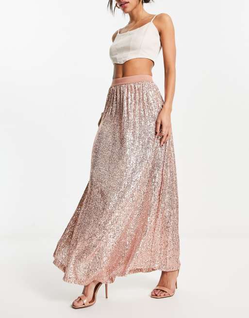 Metallic Satin Pleated High Waisted Midi Skirt in Rose Gold