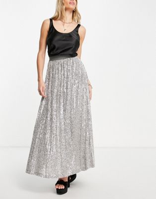 ASOS DESIGN sequin pleated midi skirt in silver
