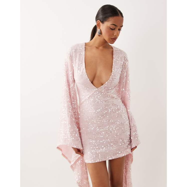 asos batwing sequin dress ASOS DESIGN sequin plisse batwing mini dress with ruching detail in pink