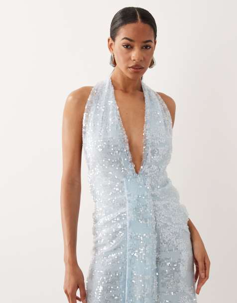 ASOS DESIGN sequin plisse plunge halter maxi dress with scarf detail in baby blue - view 1