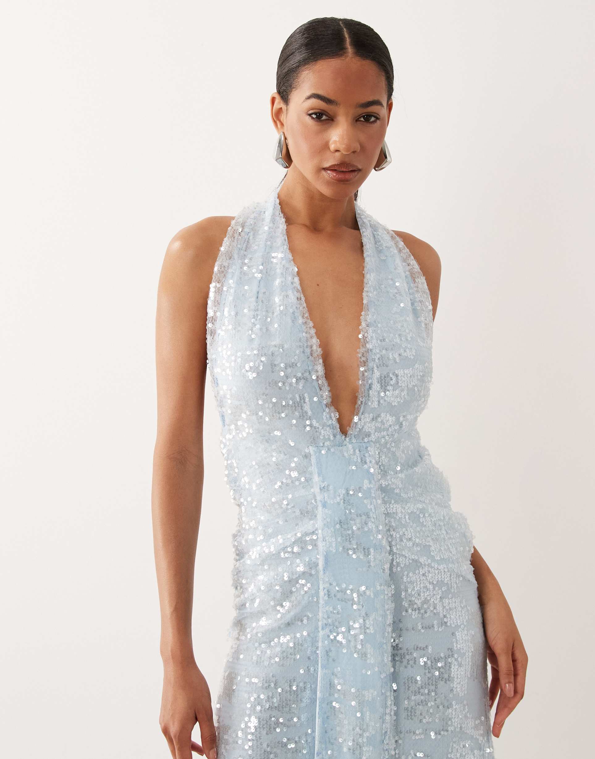 asos design sequin plisse plunge halter maxi dress with scarf detail in baby blue