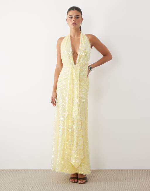 ASOS DESIGN sequin plisse plunge halter maxi dress with scarf detail in yellow