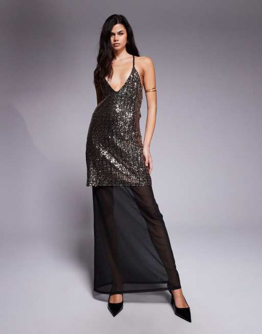 ASOS DESIGN sequin plunge cami maxi dress with mesh skirt in gold, 4 of 4