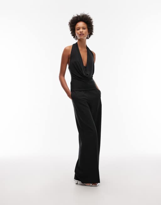 ASOS DESIGN sequin plunge cowl neck top in black, 3 of 4