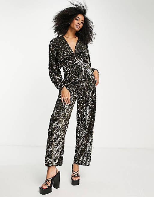 Jumpsuits & Playsuits sequin plunge kimono sleeve jumpsuit in gold 