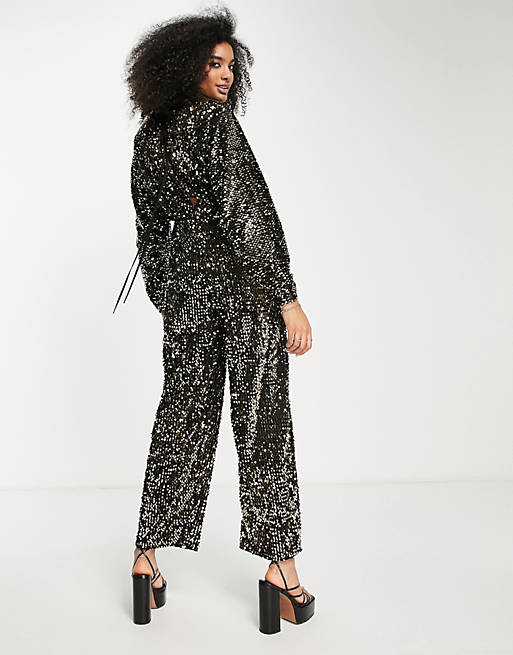 Jumpsuits & Playsuits sequin plunge kimono sleeve jumpsuit in gold 