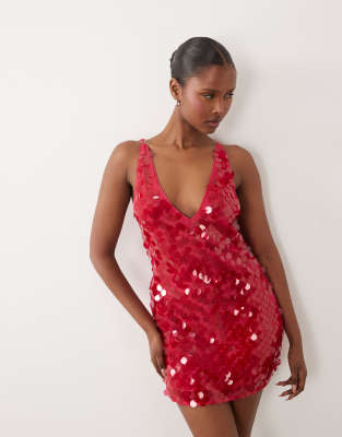 Asos Design Sequin Plunge Mini Dress In Red