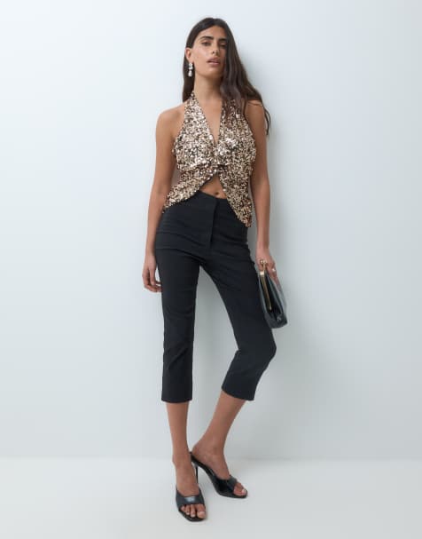 ASOS DESIGN sequin plunged front top in gold - view 1
