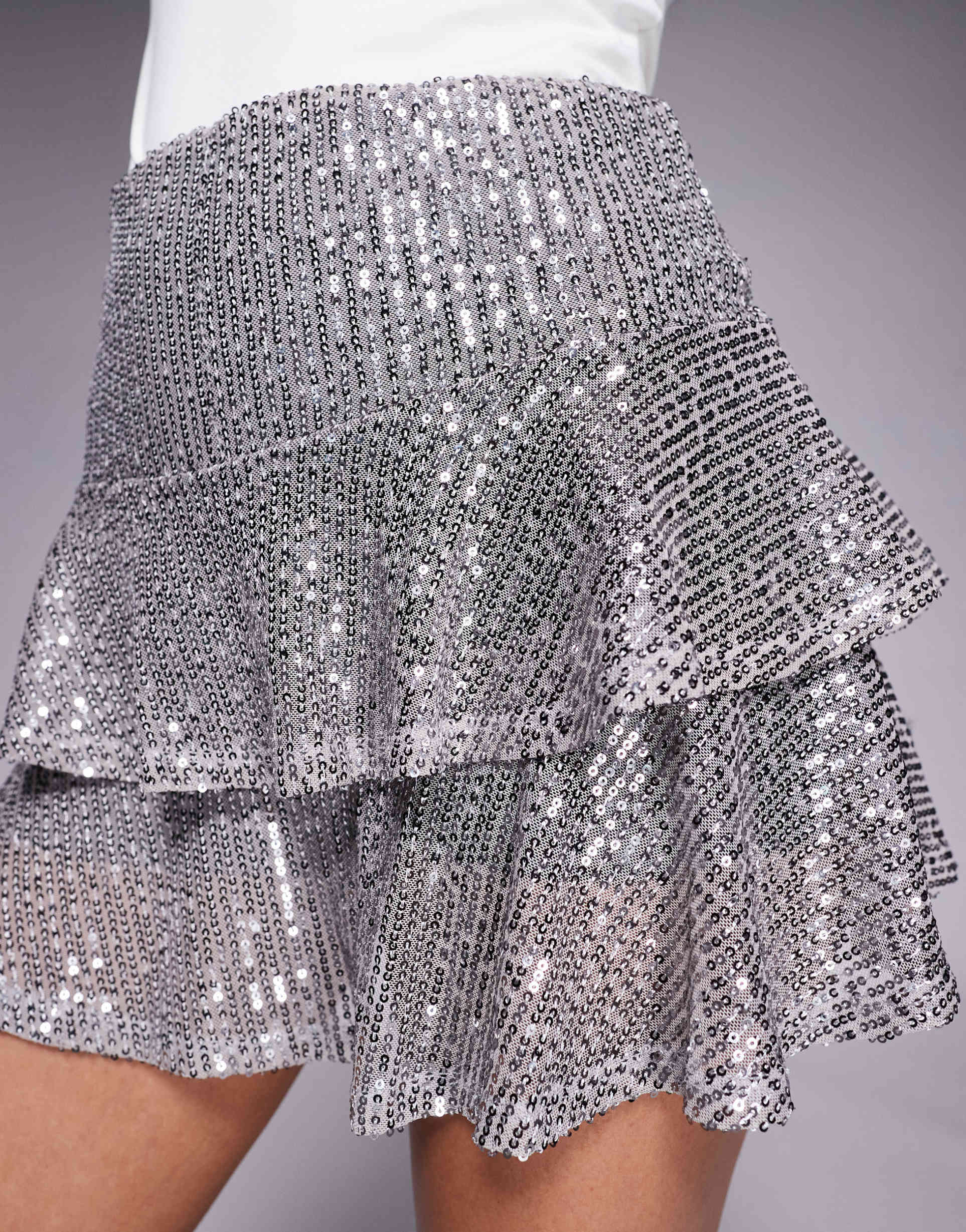asos design sequin rara mini skirt in silver