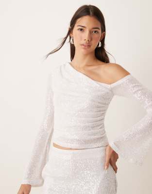 sequin ruched asymmetric neck top in white