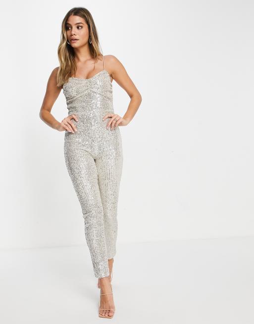 ASOS DESIGN sequin ruched front unitard in silver | ASOS