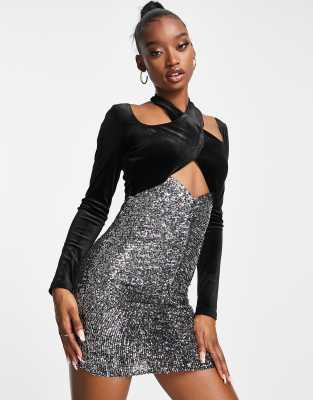 ASOS DESIGN sequin ruched velvet halter long sleeve mini dress in black