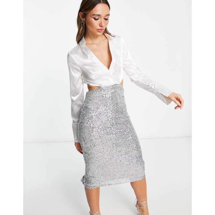 ASOS DESIGN sequin satin shirt skinny back detail midi dress in