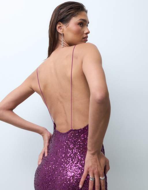ASOS DESIGN sequin scooped  plunge sequin maxi dress in purple, 2 of 4