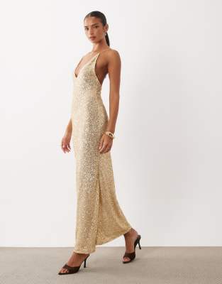 Asos Design Sequin Scooped Plunge Sequin Maxi Dress-gold