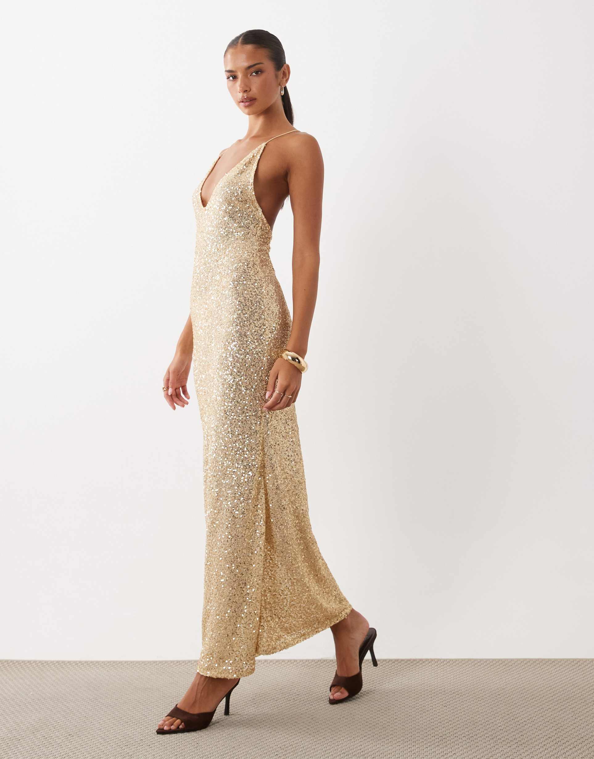 asos design sequin scooped plunge sequin maxi dress