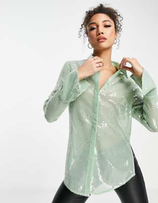 ASOS DESIGN sequin shirt in green