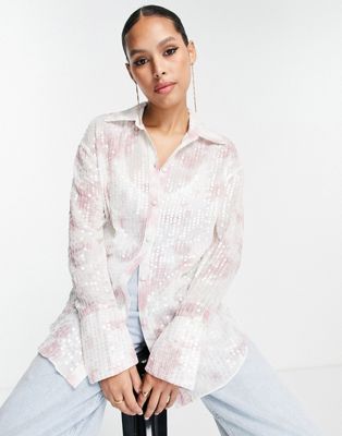 Shop Asos Design Sequin Shirt In Tie Dye Print-multi