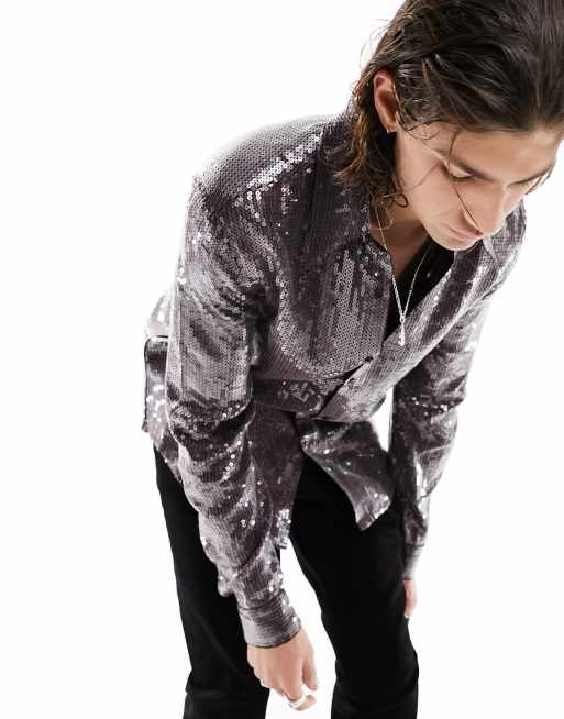 ASOS DESIGN sequin shirt with oversized collar in brown