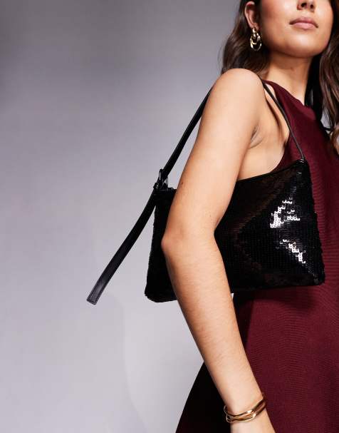 ASOS DESIGN sequin shoulder bag with side buckle strap in matte black - view 1