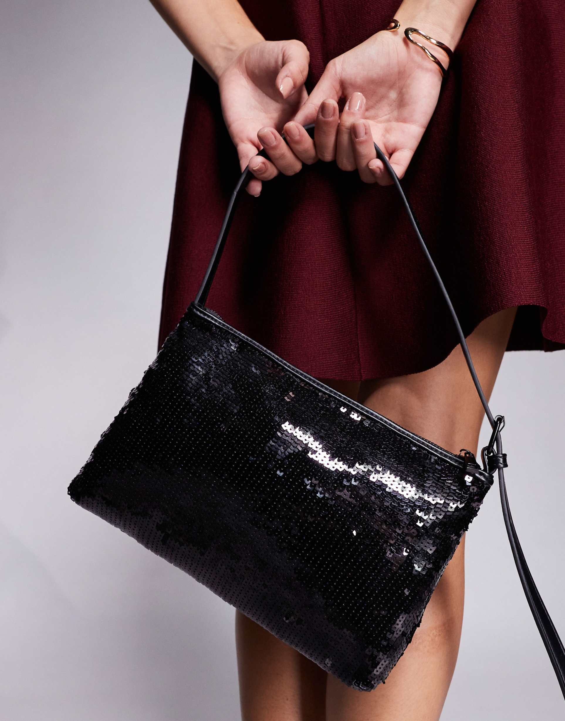 asos design sequin shoulder bag with side buckle strap in matte black