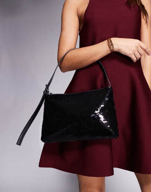 ASOS DESIGN sequin shoulder bag with side buckle strap in matte black, 4 of 4