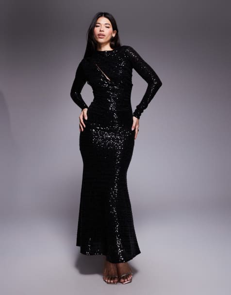 ASOS DESIGN sequin slash front draped maxi dress in black - view 1