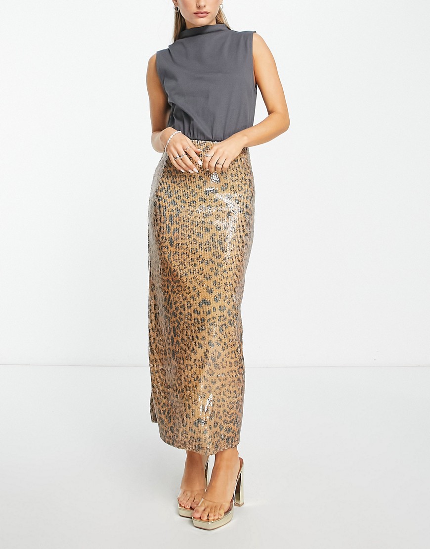 ASOS DESIGN sequin sleeveless 2 in 1 midi dress in charcoal and leopard-Grey