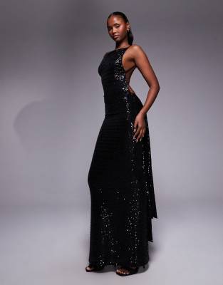 Asos Design Sequin Sleeveless Maxi Dress With Open Back And Sash Detail In Black