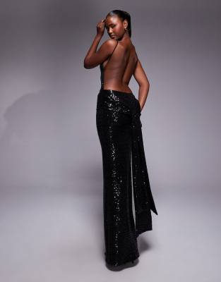 Asos Design Sequin Sleeveless Maxi Dress With Open Back And Sash Detail In Black