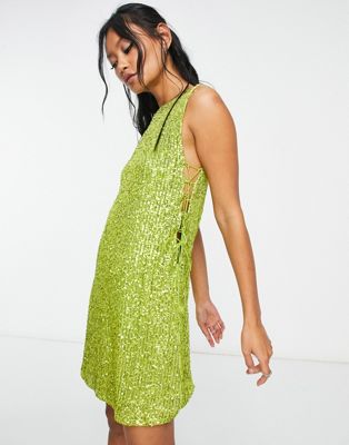 ASOS DESIGN sequin sleeveless mini dress with lace up sides in lime | ASOS