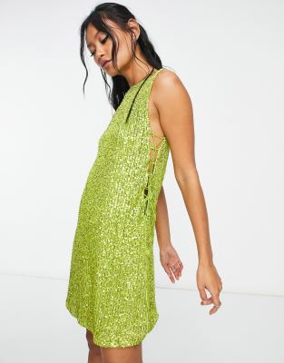 ASOS DESIGN sequin sleeveless mini dress with lace up sides in lime