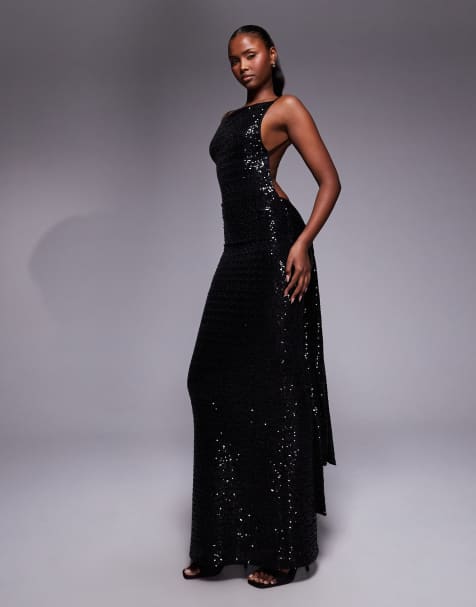 ASOS DESIGN sequin sleeveless with open back with sash detail maxi dress in black - view 1