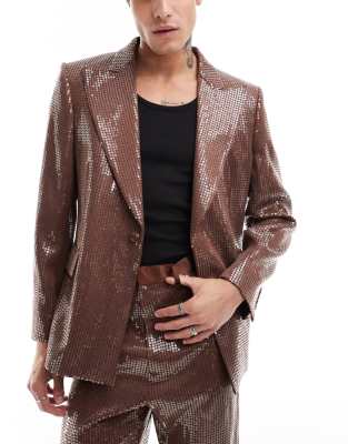 ASOS DESIGN sequin slim fit suit jacket in brown