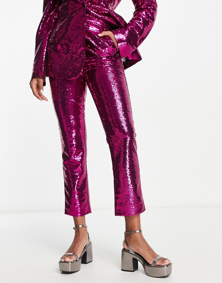 ASOS DESIGN sequin slim straight suit trousers in pink
