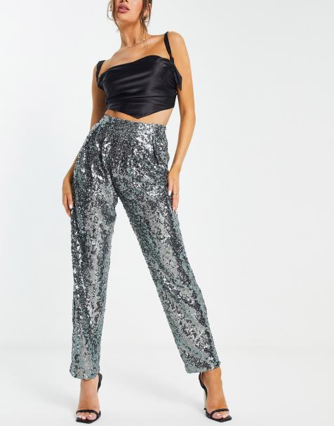 ASOS DESIGN sequin slouchy trousers in gunmetal - view 1