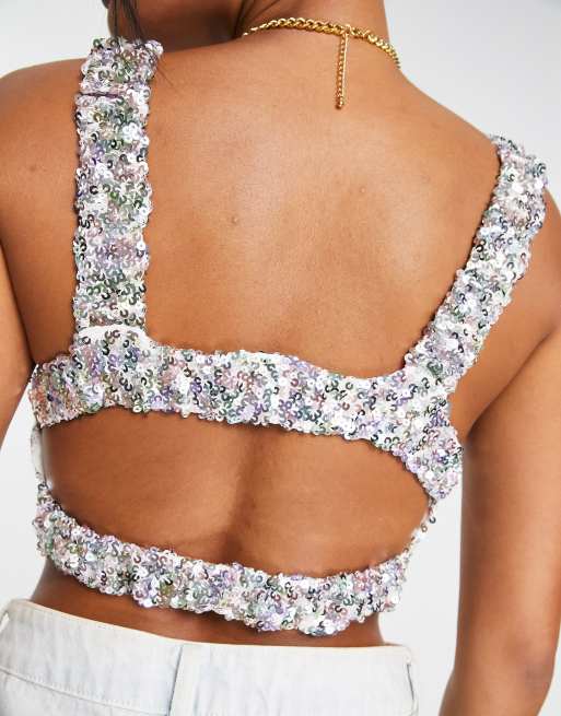 Sequined Halter Top with Open Back