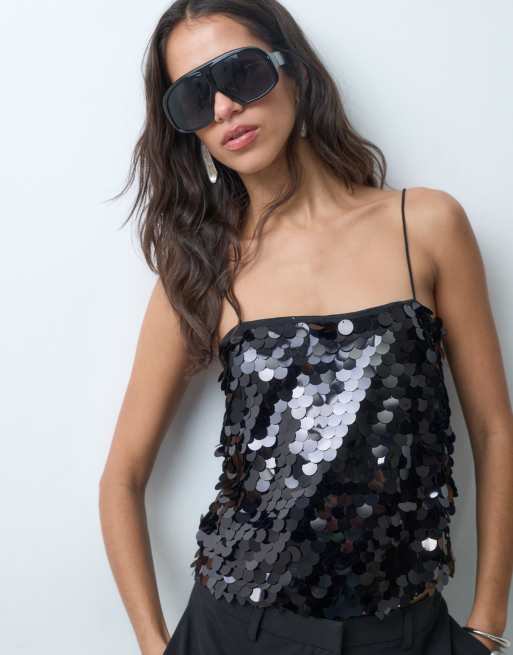 ASOS DESIGN sequin square neck cami in black, 5 of 5