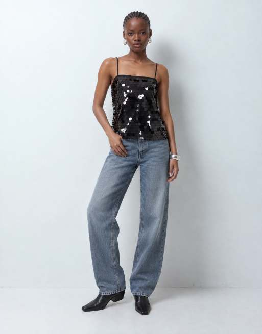ASOS DESIGN sequin square neck cami in black, 8 of 10