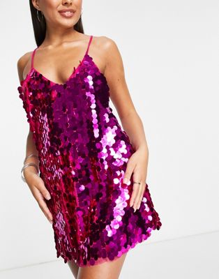 ASOS DESIGN sequin strappy back beach mini dress in hot pink