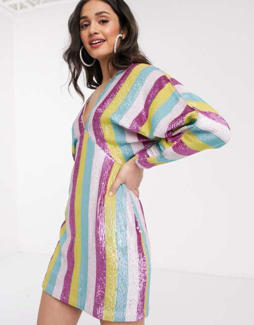 ASOS DESIGN sequin stripe batwing mini dress