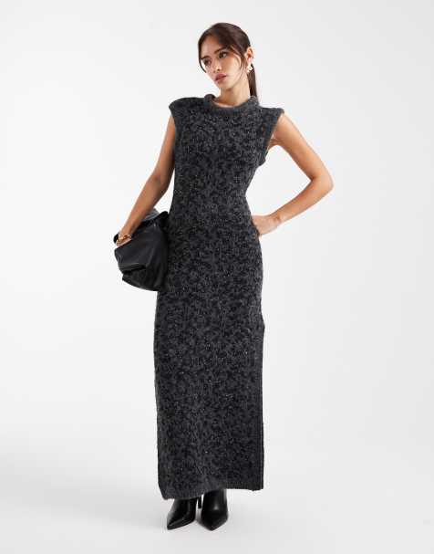 ASOS DESIGN sequin stuffed neck trim maxi dress in charcoal - view 1